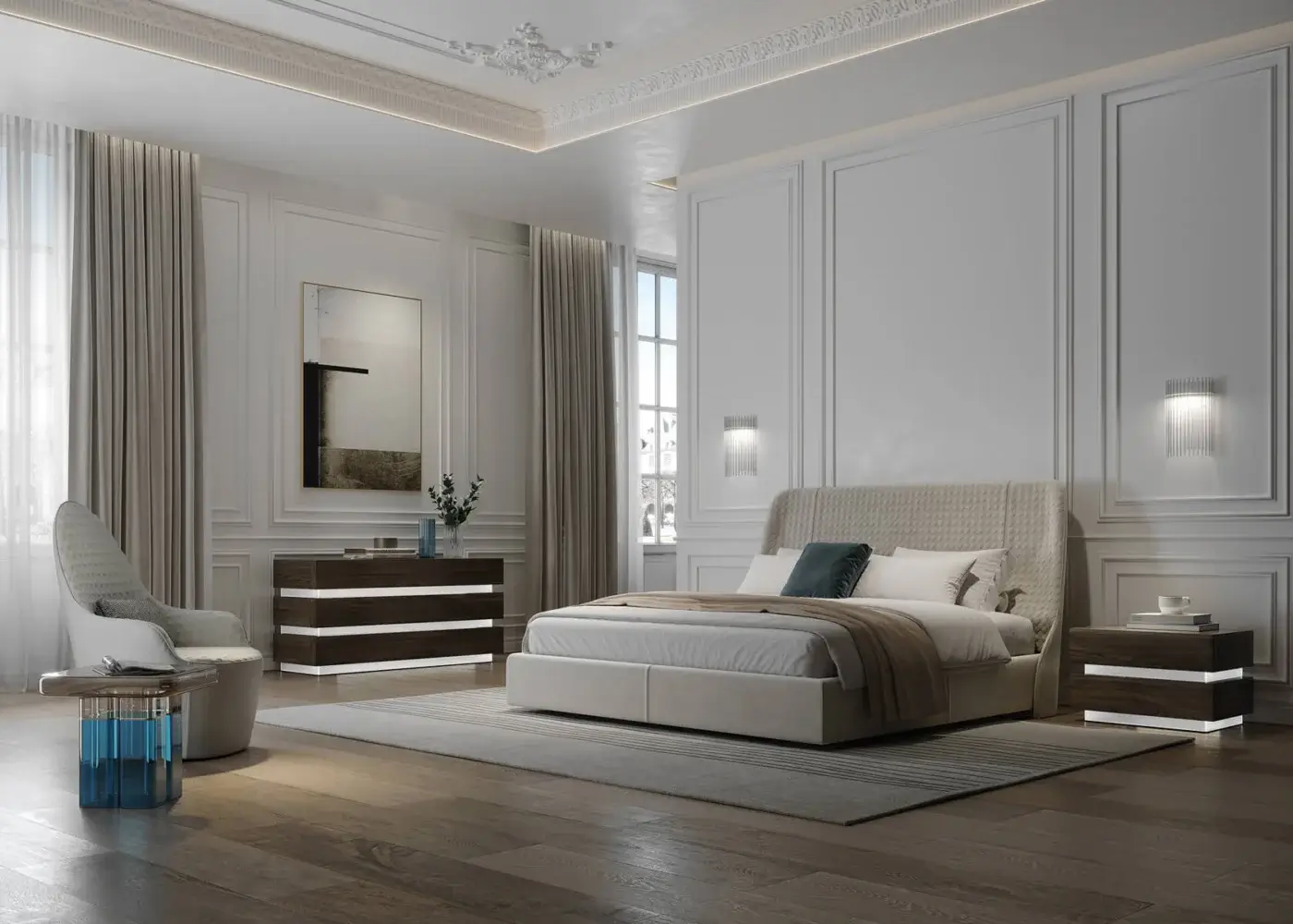 Sophisticated Reflex Luce dresser in dark brown wood with extra-clear etched tempered glass and internal LED lighting
