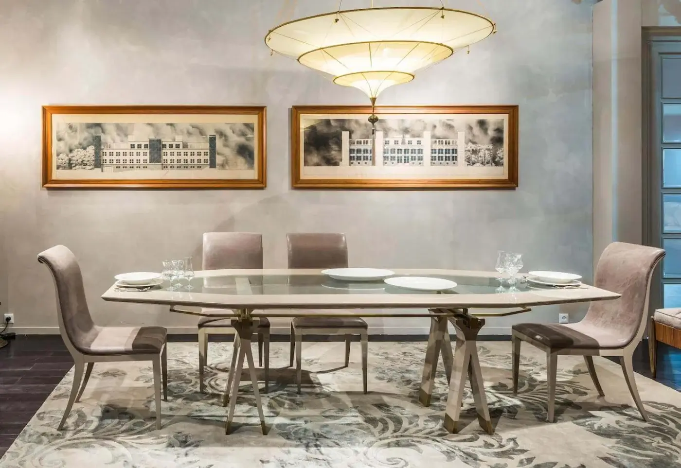 Superior OAK Kronos table with light beige wooden surface, crystal glass insert and bronzed brass or satined nickel fittings in ebony finish