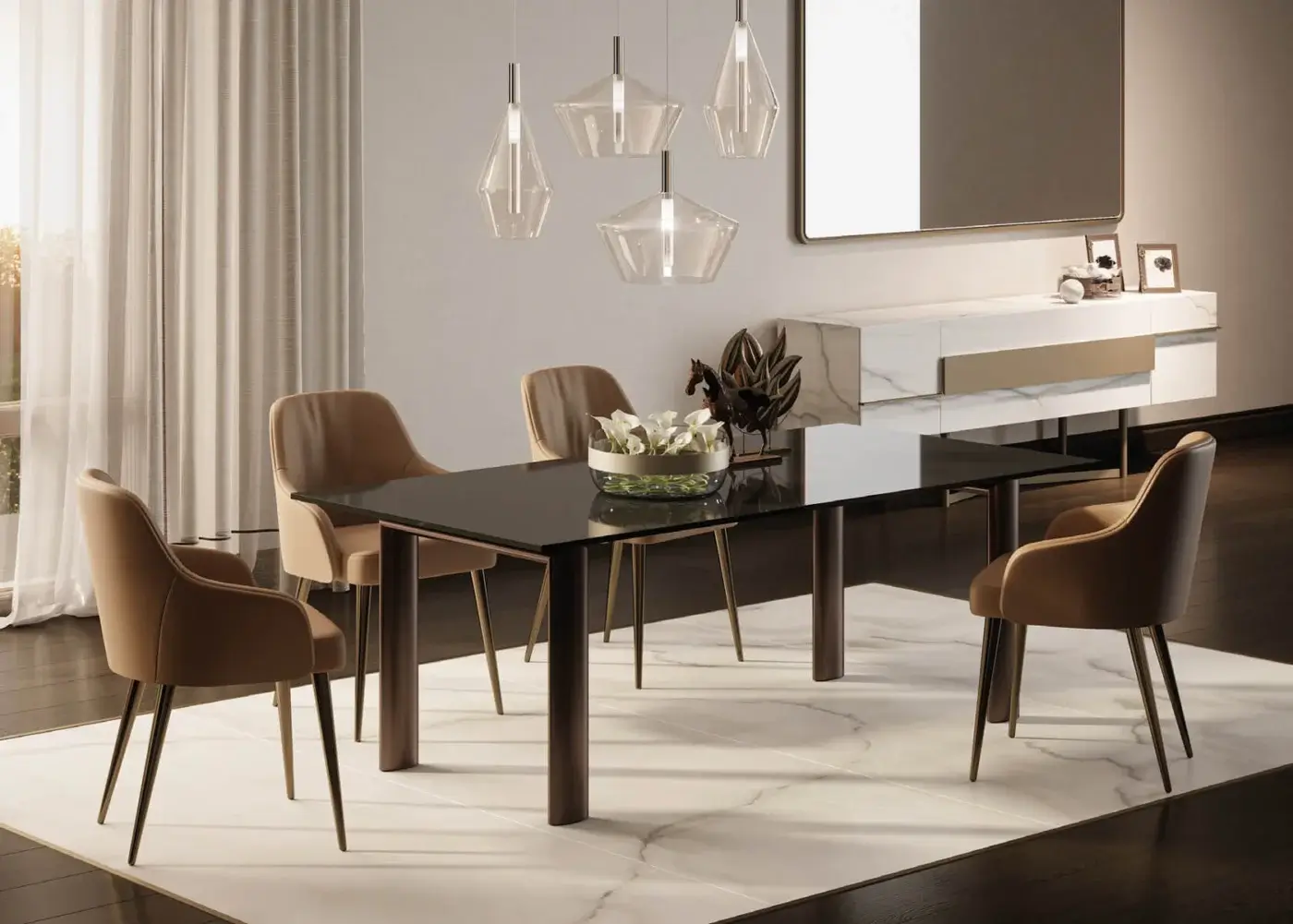 Superior Reflex Policleto table with rectangular glass top and substantial dark brown matte wood legs