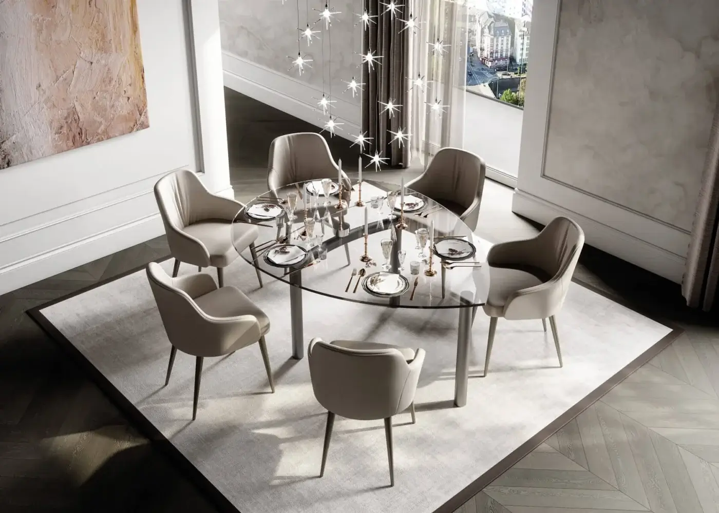 Superior Reflex Policleto table with shaped tempered glass top and brushed stainless steel legs crafted with polished edges