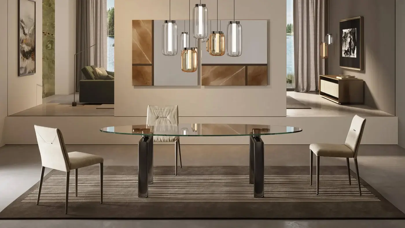 Distinguished Reflex Policleto table with a green-tinted tempered glass top and matte dark metal cylindrical legs