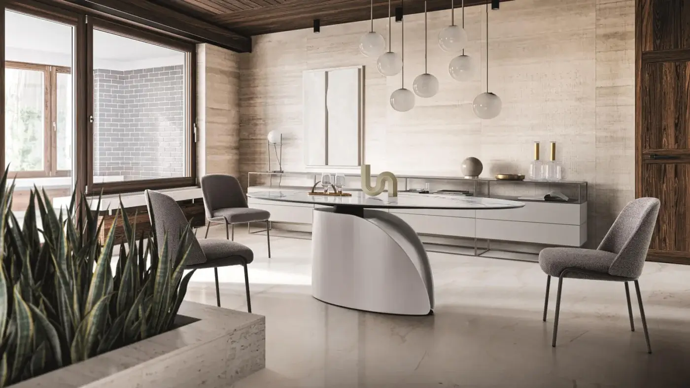 Ditre Italia dining chair with gray fabric upholstery and dark metal legs, positioned beside an oval glass table with a light gray base.