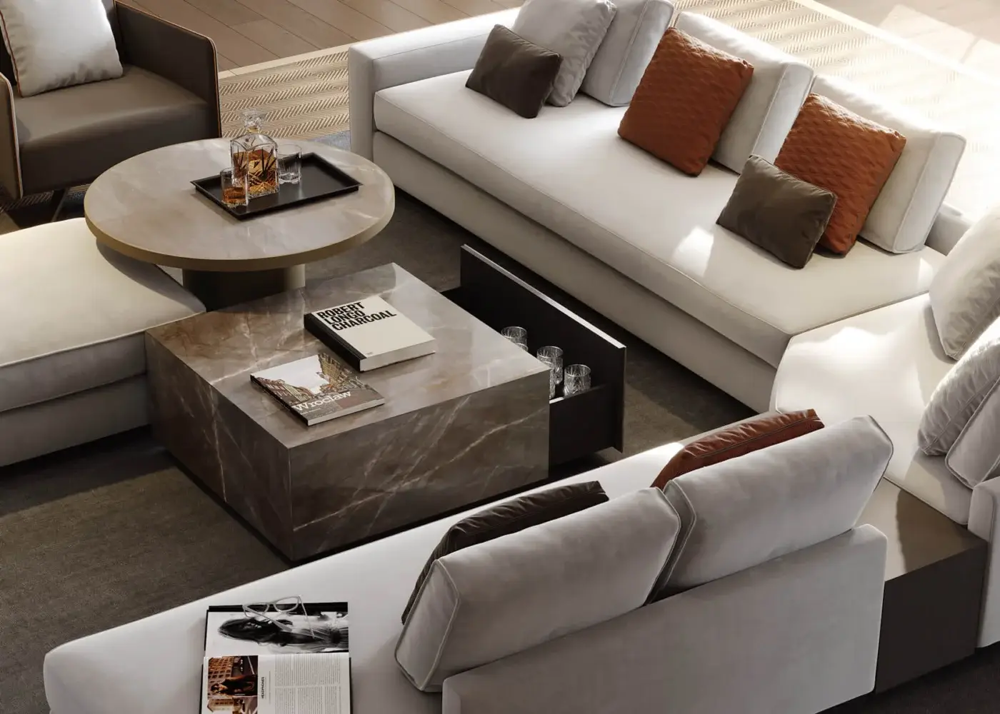 Exceptional Reflex Adone coffee table with dark mottled brown Marble glass and a pull-out drawer revealing interiors