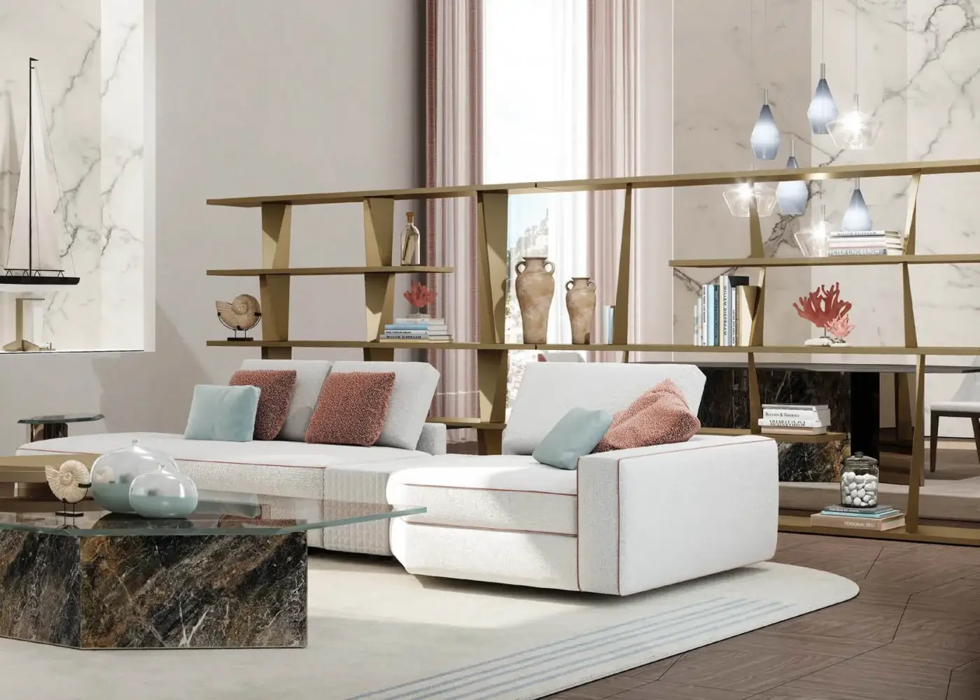 Elegant Reflex Prisma Special bookcase with Canaletto Walnut shelves and golden metal dividers built with dark marble-like panels