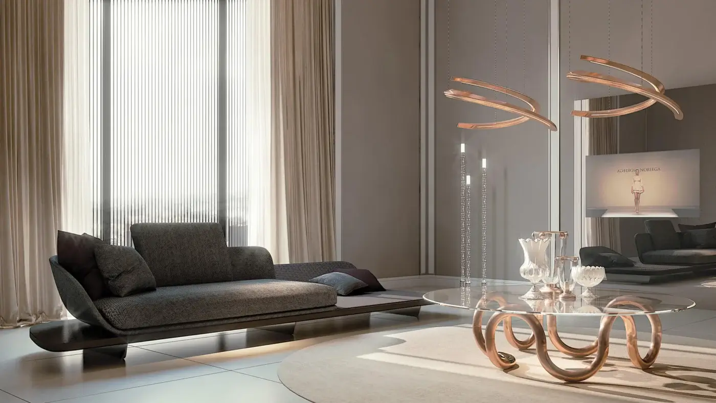 Distinctive Reflex Segno sofa chaise lounge upholstered in muted gray woven fabric with Canaletto Walnut platform base