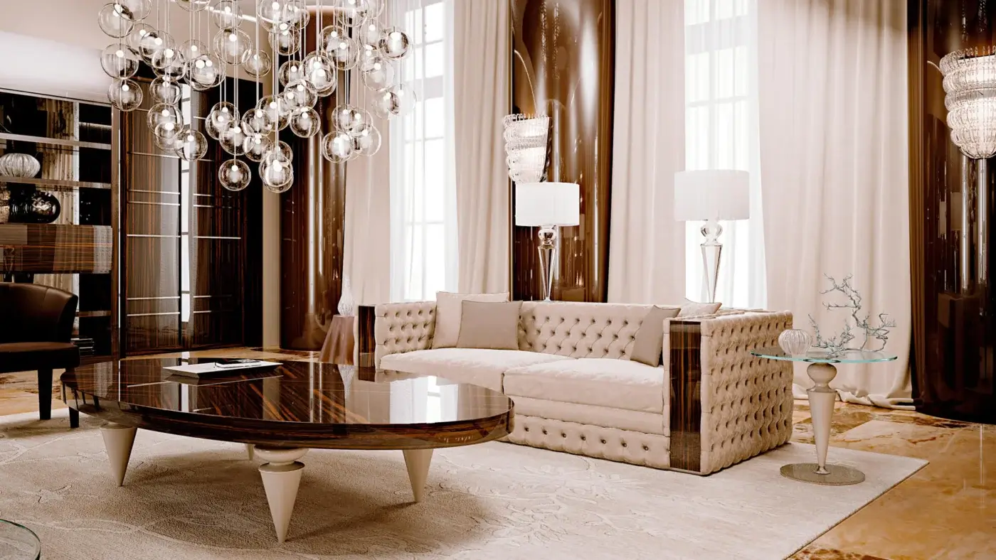 Distinguished Reflex Gran Canal coffee table with shiny ebony wood and plain transparent Murano glass legs