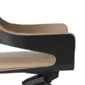 Office chair, black molded plastic frame, tan fabric upholstery, curved design with visible metal swivel base and dark trim.