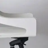 Office chair, off-white leather, curved backrest with central cutout and stitched border, black metal mechanism, minimalist design.
