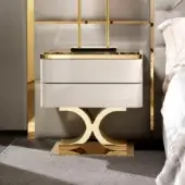 Elegant DV Home Collection Kent nightstand with glossy lacquered structure and noce canaletto wood, resting on a gold finished stainless steel base