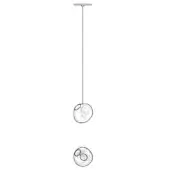 Pendant light, black and white line drawing, spherical shade with looping lines, minimalist design, technical illustration, circular ceiling mount.