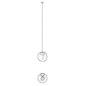 Pendant light, matte black metal, dual spherical cage design suspended from a vertical rod with a circular ceiling mount.