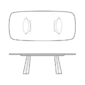 Table schematic with torii-shaped oval top, black line drawing, symmetrical cutouts, rectangular base, tapered legs, white background.