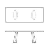 Console table line drawing, white background, rectangular top with oval cutouts, tapered legs, minimalist geometric design.