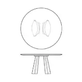 Round table line drawing with two abstract earring shapes suspended above, featuring angled legs and a minimalist design on a white background.