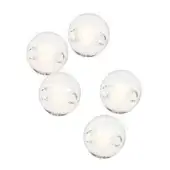 Spherical wall lights, clear glass and silver metal, feature three horizontal supports and emit a warm LED glow against a white backdrop.