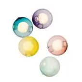 Pendant lights, translucent glass, spherical shape, teal, purple, yellow, pink, green, and clear color variations, diffused warm glow.