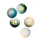 Spherical wall lights, translucent glass, teal, green, beige, blue, white gradients, circular openings, minimalist modern design.