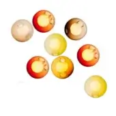 Glass orbs in red, yellow, green, amber & white with circular apertures arranged on a white background, glossy finish.