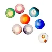 Glass ornaments, translucent spheres with colored cores and inclusions, arranged on a white background, showcasing green, rose, blue, orange, lavender hues.