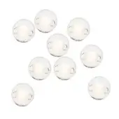 Spherical pendant lights with clear glass globes and brushed silver hardware are arranged in a circular pattern on a white backdrop.