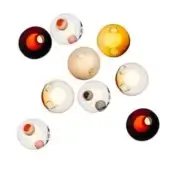 Spherical wall lights, translucent glass, amber and burgundy tones, circular indentations, diffused inner glow, dark mounting plates, grouped arrangement.