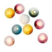Spherical wall lights in amber, rose, teal, blue & white with circular openings and glossy surfaces arranged against a white backdrop.