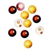Glass ornaments in burgundy, amber, gold, and white display recessed circles of orange, red, and yellow against a white backdrop.