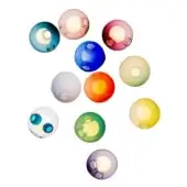 Glass orbs, translucent gradient colors, asymmetrical arrangement against white; internal bubbles create marbled effect with smooth, glossy surfaces.