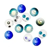Spherical light fixtures in blue, teal, and white glass display circular openings emitting yellow light, with varying indentations.