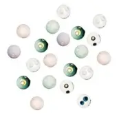 Decorative spheres in pale white & light green, featuring concentric ring patterns in dark green, white & blue, arranged on a white background.