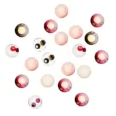 Spherical wall lights in pink, white, and red tones are arranged against a white backdrop, featuring translucent shades and recessed openings.
