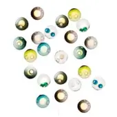Wall-mounted k2 fixture, glass orbs in green, blue, yellow, brown & clear, asymmetrical cluster with amber & gold accents, glossy finish.