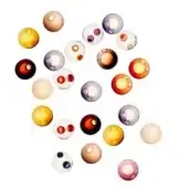 Decorative spheres in amber, orange, red, and gray arranged in a circular pattern on a white background, featuring translucent and opaque glass-like forms.