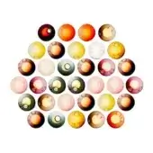 Glass ornaments, translucent colors, circular arrangement, swirling pattern, varied opacity, white background, diffused lighting.