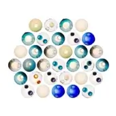 Translucent glass orbs in circular arrangement, clear to blue, green, beige & white hues, with swirling patterns & contrasting interior colors.