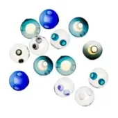 Translucent glass orbs in blue, teal, and white arranged against a white backdrop, featuring layered internal gold and green details.