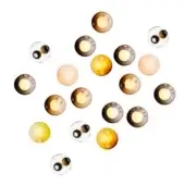 Wall-mounted light fixture with twenty-two glass globes in clear, amber, yellow, pink, and brown tones, arranged in an asymmetrical, radial pattern.