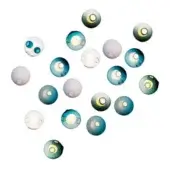 Wall lights, glass globes, teal and white, asymmetrical cluster with metallic silver mounts, modern diffused lighting arrangement.