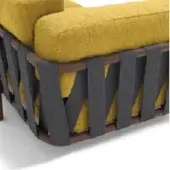 Modular sofa, mustard yellow textured cushions, dark brown wood frame with wide dark grey woven belts in a crisscross pattern.
