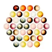 Spherical arrangement, varied colors of burgundy, orange, pink, green, yellow, translucent glass-like orbs with vertical slits, white background.