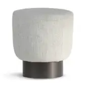Belt ottoman, beige textured fabric, cylindrical shape with bronze base and vertical seam detailing, studio product shot.