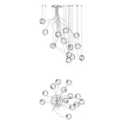 Chandelier technical drawing, metal frame, spherical glass orbs, branching arrangement, cascading tiers, side and top views, white background.