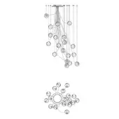 Chandelier, silver-toned metal, multi-tiered design with translucent spherical elements suspended from thin wires, technical drawing schematic.