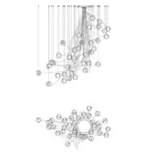 Lighting fixture diagram, monochromatic line drawing, exploded view with 28 labeled circular lights connected by radiating lines on white background.