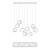 Linear chandelier black and white drawing, rectangular plate with staggered spherical fixtures, minimalist design, cascading vertical rods.