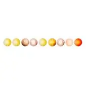 Spherical glass objects in gradient arrangement, pale yellow to deep red, featuring swirling patterns, bubbles, marbled effects, glossy sheen.