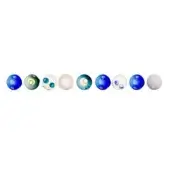 Glass marbles in blue, white, and green with swirling patterns displayed in a horizontal arrangement on a white background.