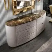 Lavish DV Home Collection Charlotte dresser with light beige textured leather and dark brown marble top