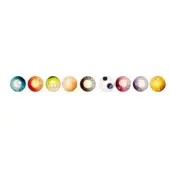 Ten spherical glass pendant lights with varied color inclusions—blue, yellow, orange, green—arranged in a linear, track-mounted formation.