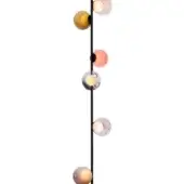 Floor lamp, black matte finish, with six colored glass globes suspended on a cylindrical stem and circular base.